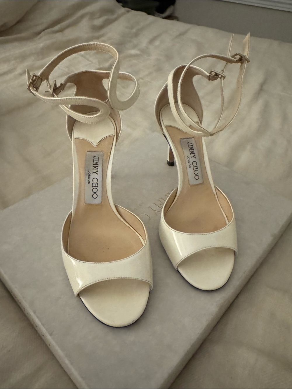 Jimmy Choo Cream Patent Leather Ankle‑Strap Stiletto Heels - Picture 5 of 9